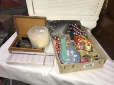 A box of beads & costume jewellery, watch & silver coloured chain etc.