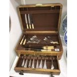 A part canteen of cutlery with lid & drawer & an empty wooden box for canteen of cutlery