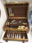 A part canteen of cutlery with lid & drawer & an empty wooden box for canteen of cutlery