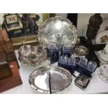 A quantity of silver plate in trays & 4 boxed sets of Royal Doulton napkin rings