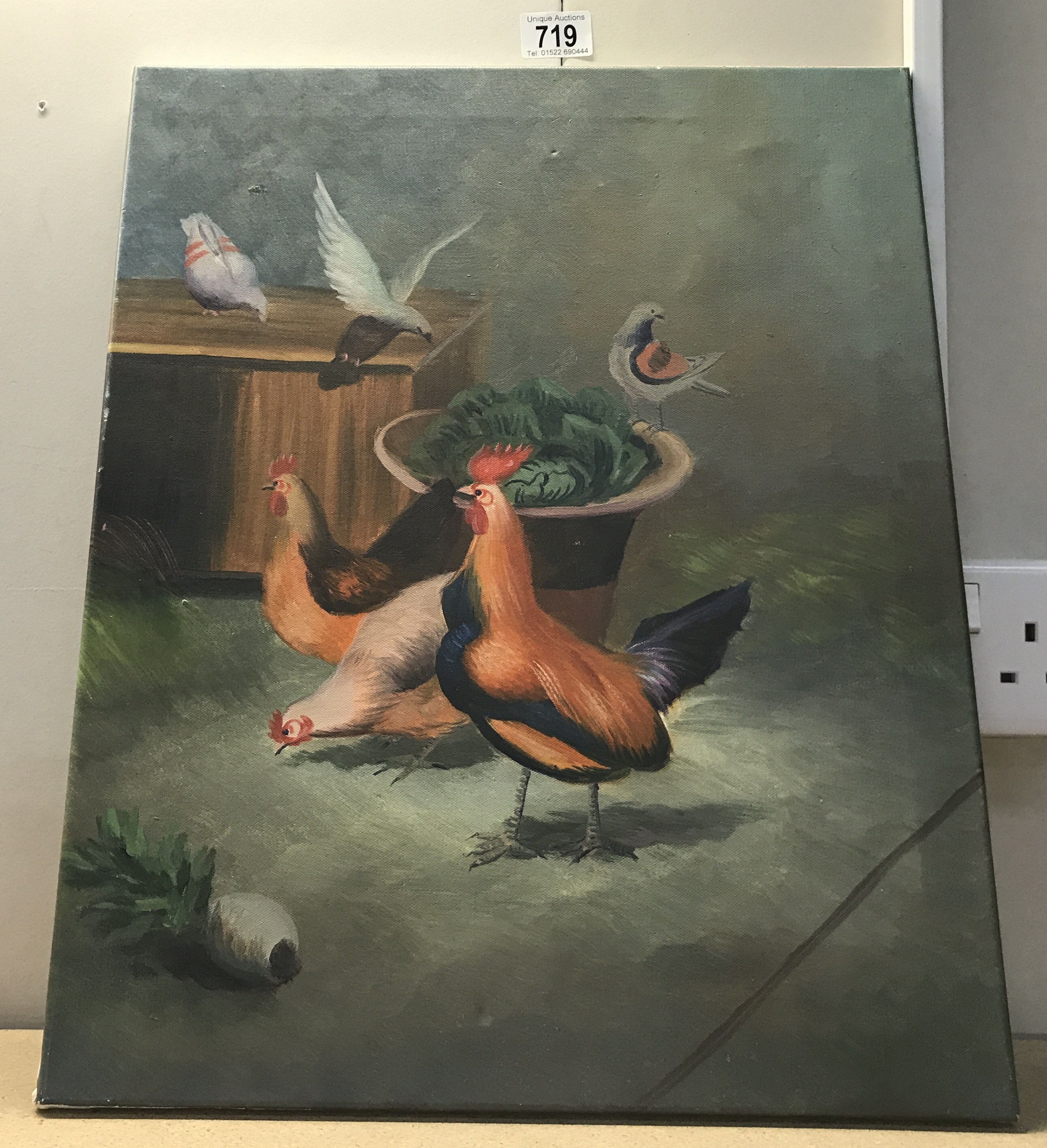 An oil on canvas of chickens & pigeons