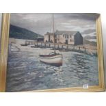 A framed oil painting on board of a coastal fishing boat scene