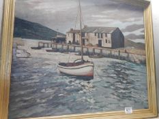 A framed oil painting on board of a coastal fishing boat scene