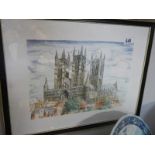A framed and glazed print of Lincoln cathedral by Roy Fisk,