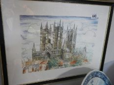 A framed and glazed print of Lincoln cathedral by Roy Fisk,