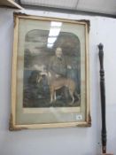 A vintage framed and glazed print/etching of man with greyhound