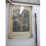 A vintage framed and glazed print/etching of man with greyhound