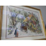A lovely framed & glazed embroidered thatched cottage & church scene