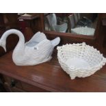 A swan planter and a white pottery wicker style bowl