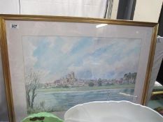 A framed and glazed watercolour of Ely