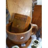 A quantity of treen wooden items including a very large cup and saucer, carved panels etc.
