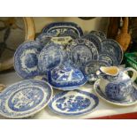 A quantity of blue and white china including Copeland Spode, Willow pattern, Myott, Minton, Comport,