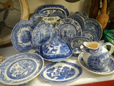 A quantity of blue and white china including Copeland Spode, Willow pattern, Myott, Minton, Comport,