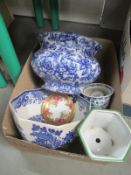 Two large blue and white planters and other china