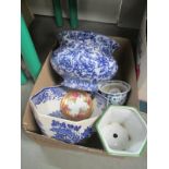 Two large blue and white planters and other china