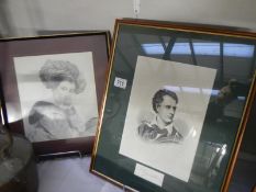 2 black and white framed and glazed portraits (1 of Byron?)