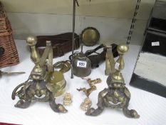 A quantity of brass items including fire dogs