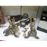 A quantity of brass items including fire dogs