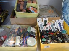 A quantity of sewing related items including a good lot of buttons, cotton, etc.