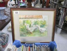 A framed and glazed watercolour of geese