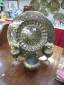 A large brass patterned tray and 3 other brass items