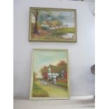 2 oil paintings featuring country scenes