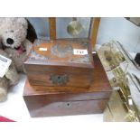 A vintage wooden jewellery box and a brass inlaid box