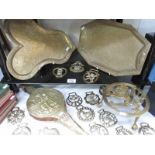 A quantity of horse brasses, bellows, trivet, brass trays etc.