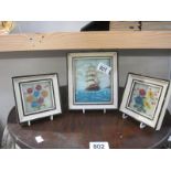 A 1956 3D painting on glass of sailing ships and 2 of flowers