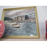 A framed oil painting of a coastal fishing boat scene by D J Reynolds