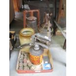 A mixed lot including Tilly lamps, Wrenit car polisher tins, Carburol oil tin,