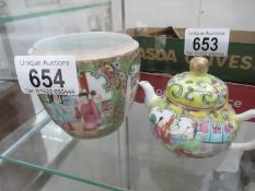 A small Chinese teapot and a Chinese dish (missing lid & hairline crack)