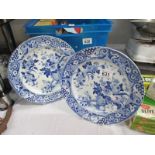 Two old blue and white floral design plates