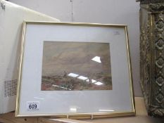 A framed and glazed watercolour of a boy and girl flying a kite