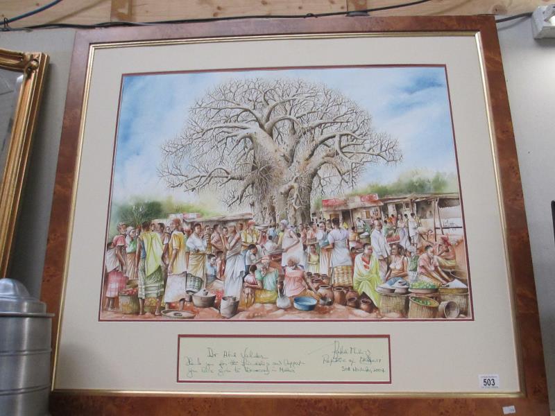 A large framed and glazed watercolour of a Malawi village scene