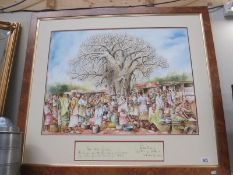 A large framed and glazed watercolour of a Malawi village scene