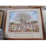 A large framed and glazed watercolour of a Malawi village scene