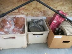 Three boxes of glass, metal items etc.