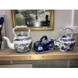 2 blue and white pottery kettles and a cheese dish (1 lid a/f).