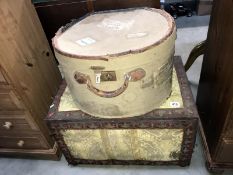 A vintage round travel trunk & an old box