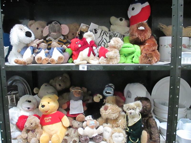 3 shelves of teddy bears etc.