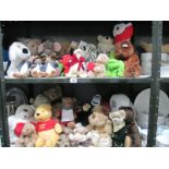 3 shelves of teddy bears etc.