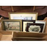 A quantity of various framed & glazed prints & derelict windmill watercolour