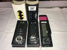 2 boxed Batman wrist watches and a military style wrist watch.