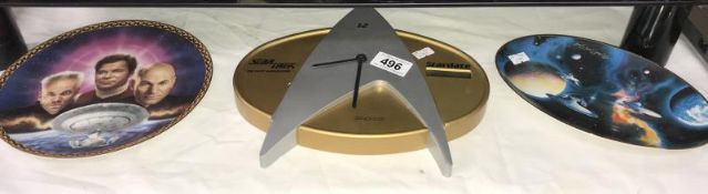 2 Star Trek collectors plates & a Star Trek The Next Generation Stardate wall clock