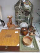 A mixed lot inc. wooden ware, small glass cabinet with contents etc.