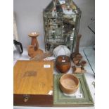 A mixed lot inc. wooden ware, small glass cabinet with contents etc.