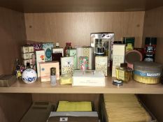 A shelf of vintage talc, soap etc. By Yardley & Givenchy etc.