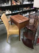 A wicker chair sewing machine cabinet & a corner whatnot