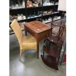 A wicker chair sewing machine cabinet & a corner whatnot